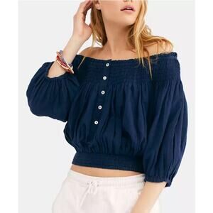 Free People Womens Dancing Till Dawn Smocked Off-The-Shoulder Top Size M Blue